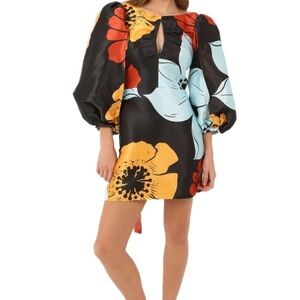 LAAGAM LIMITED EDITION Floral Puff Sleeve Dress - Black, Orange, Yellow, Blue